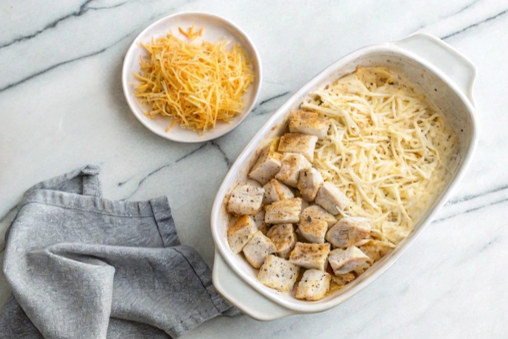 chicken hash brown casserole assembling