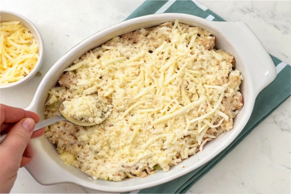 Preparing a keto tuna casserole: a bowl of grated cheese next to a casserole dish ready to be baked