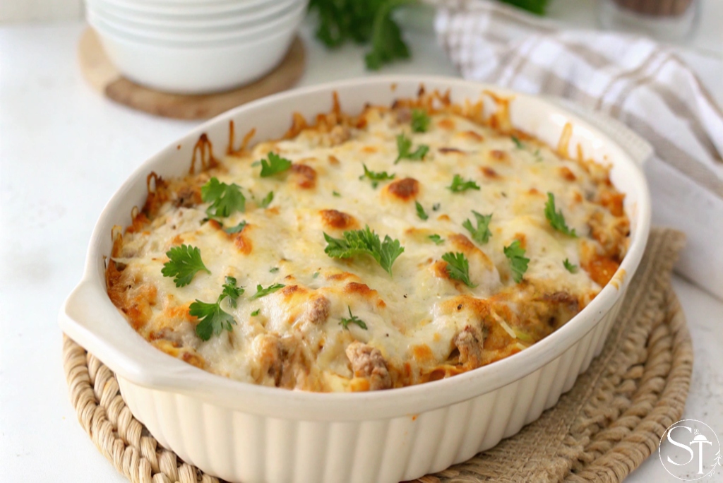 Golden keto tuna casserole fresh out of the oven