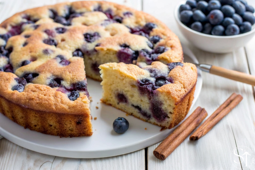 Slice of blueberry breakfast cake on a white plate with fresh blueberries and cinnamon sticks