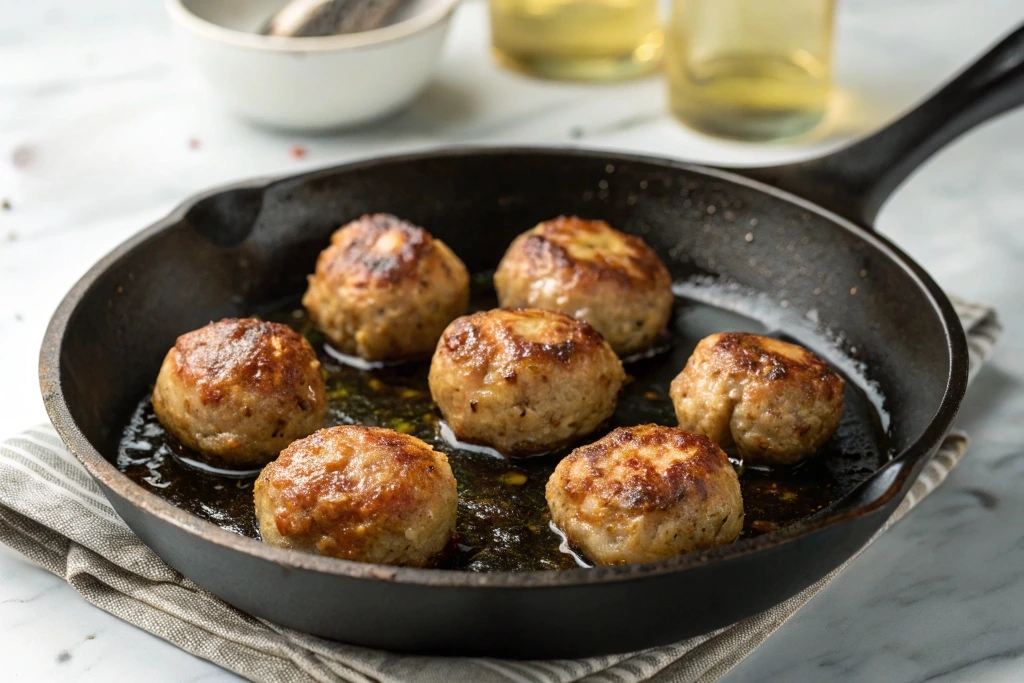 Golden-brown chicken meatballs sizzling in a black skillet with oil.