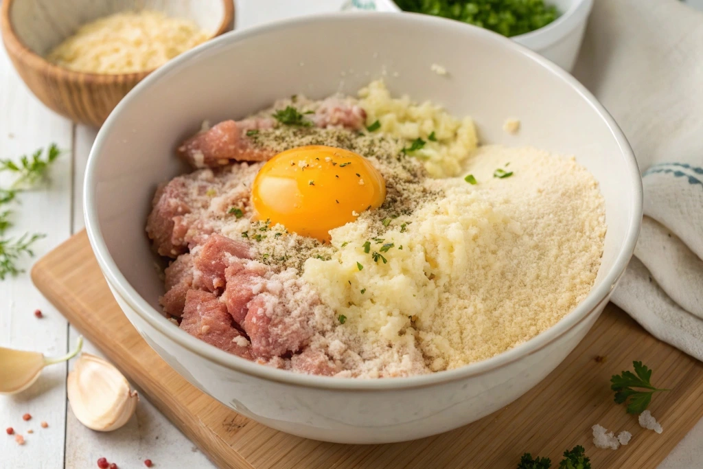 Ground chicken, egg, Parmesan, and seasonings in a white mixing bowl on a wooden board.
