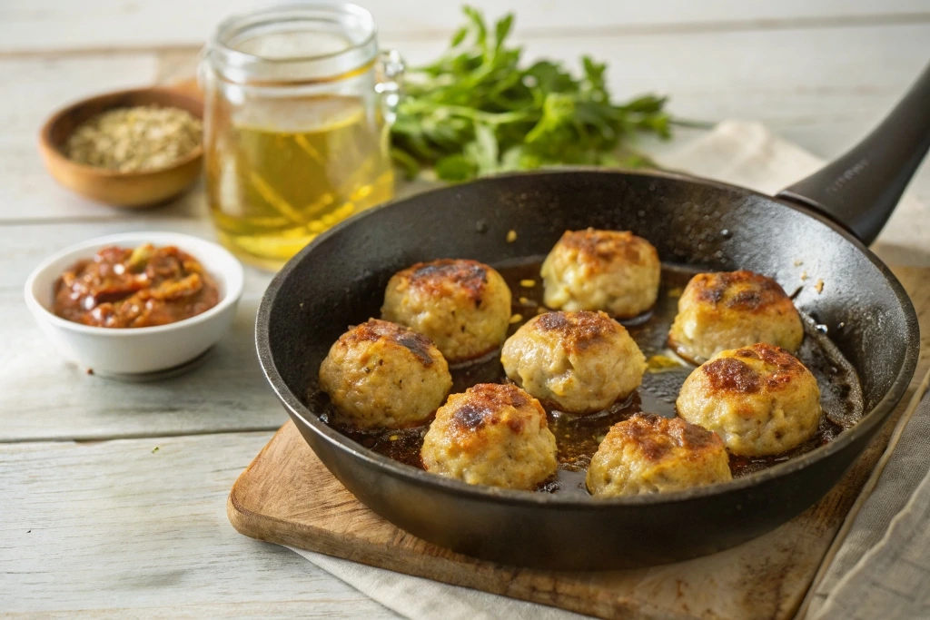 Chicken meatballs searing in a black skillet with oil, with herbs and sauce in the background. Title: Searing Tuscan Chicken Meatballs