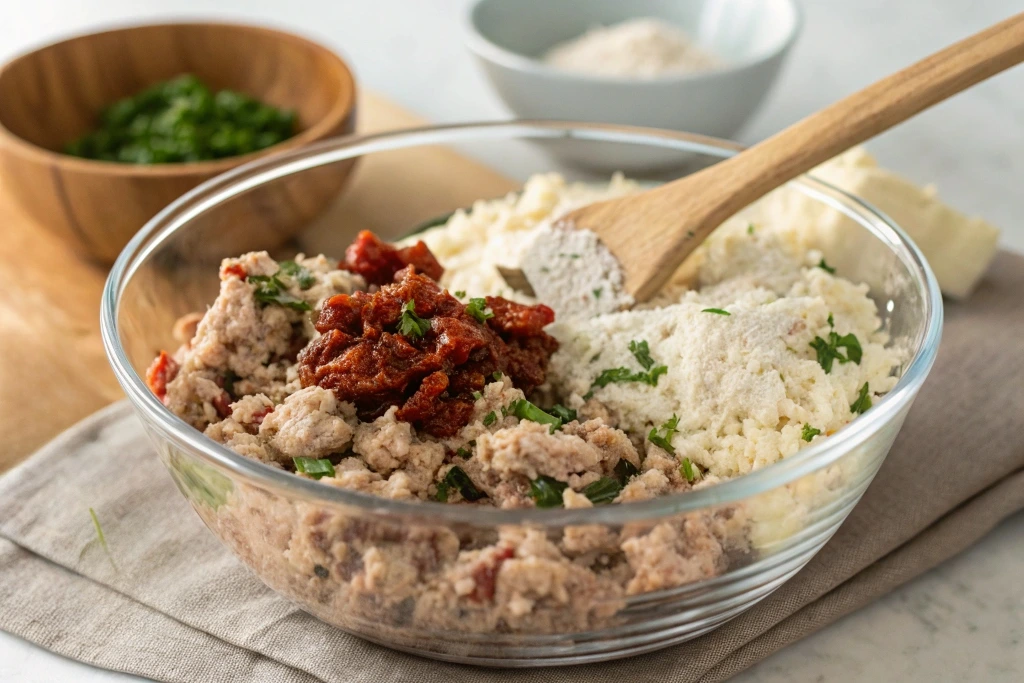 Ingredients for Chicken Ricotta Meatballs being mixed in a glass bowl with a wooden spoon.