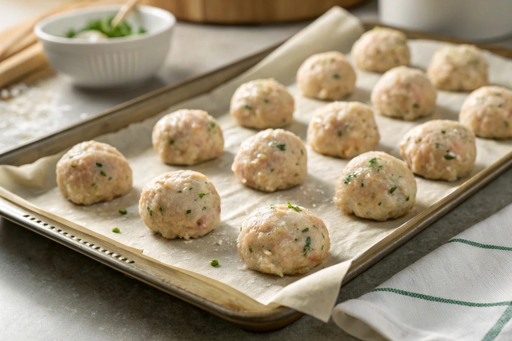 Raw chicken ricotta meatballs arranged on a parchment-lined baking sheet,