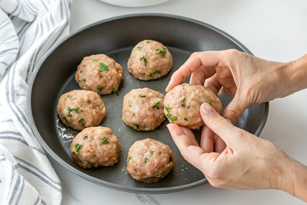 Hands shaping raw chicken meatballs with parsley in a gray baking dish.