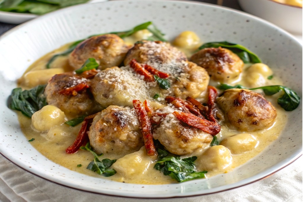 Chicken meatballs with gnocchi, spinach, and sun-dried tomatoes in a creamy sauce.