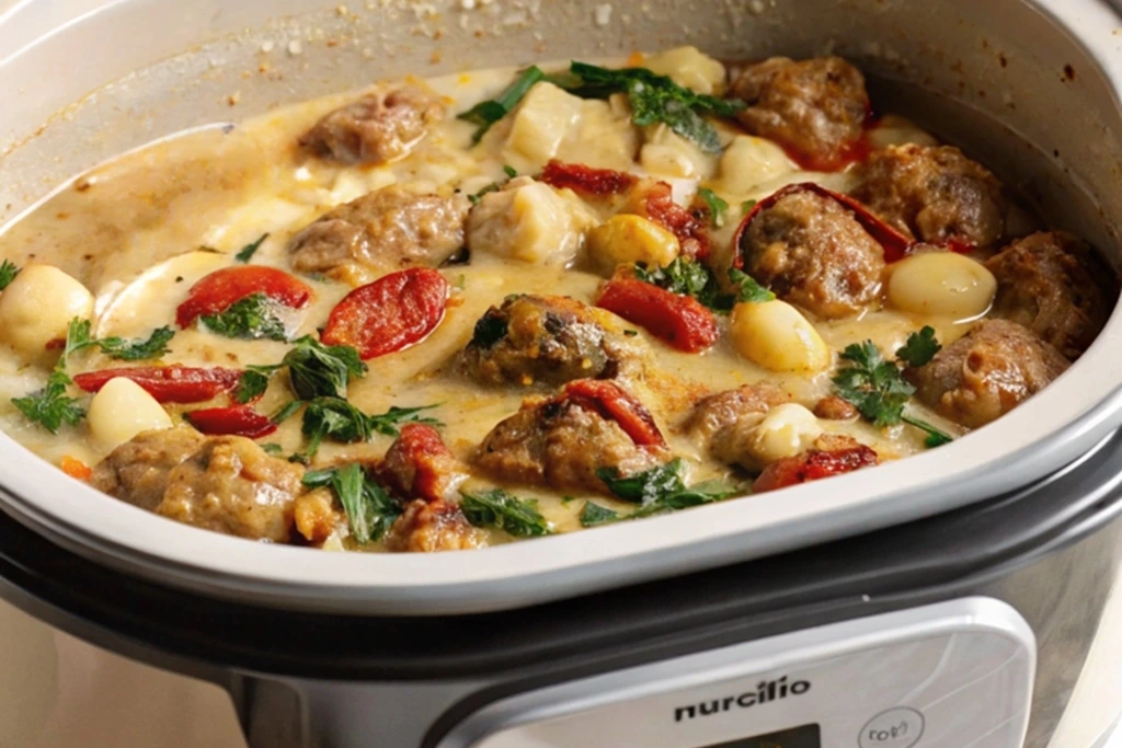 Chicken meatballs simmering with gnocchi, sun-dried tomatoes, and parsley in a creamy sauce in a slow cooker.