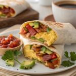 Sliced breakfast burrito on a marble breakfast table, eggs, bacon, cheddar, avocado, tomato, and salsa visible in soft morning light.