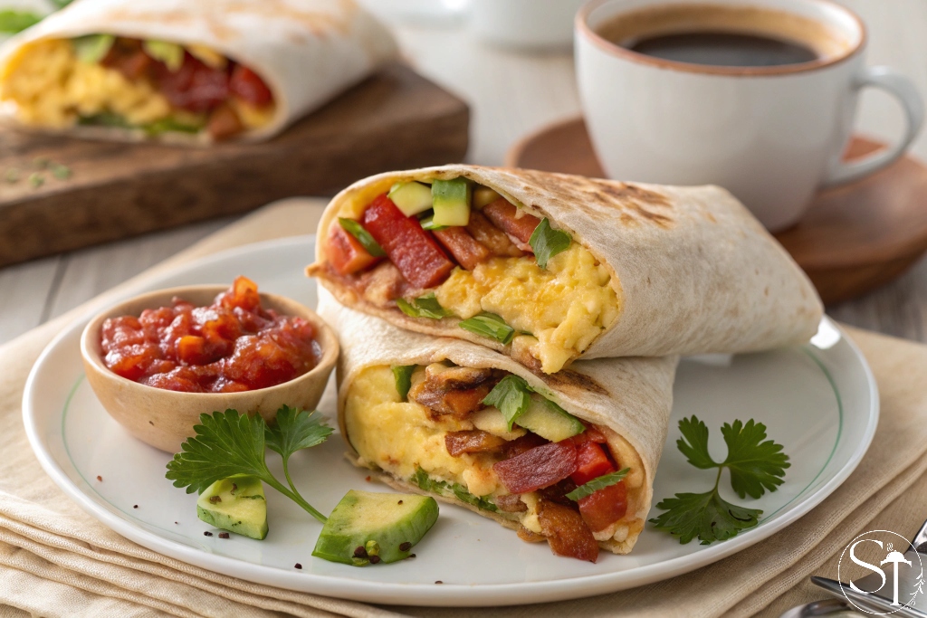 Sliced breakfast burrito on a marble breakfast table, eggs, bacon, cheddar, avocado, tomato, and salsa visible in soft morning light.