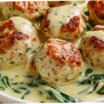 Golden-brown chicken ricotta meatballs in creamy spinach Alfredo sauce,