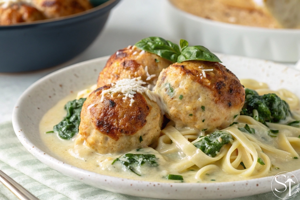 Golden-brown chicken ricotta meatballs served over creamy spinach Alfredo sauce.
