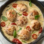 Chicken meatballs in creamy Parmesan sauce with cherry tomatoes and basil in a black skillet.