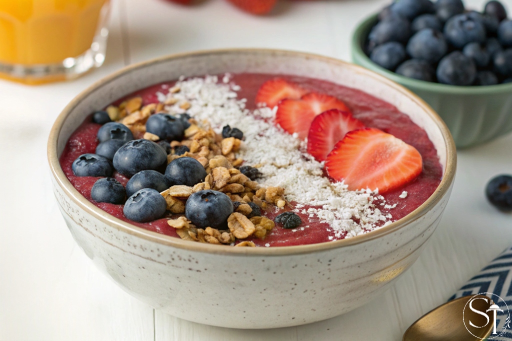 Berry smoothie bowl topped with fresh blueberries, strawberries, granola, and shredded coconut