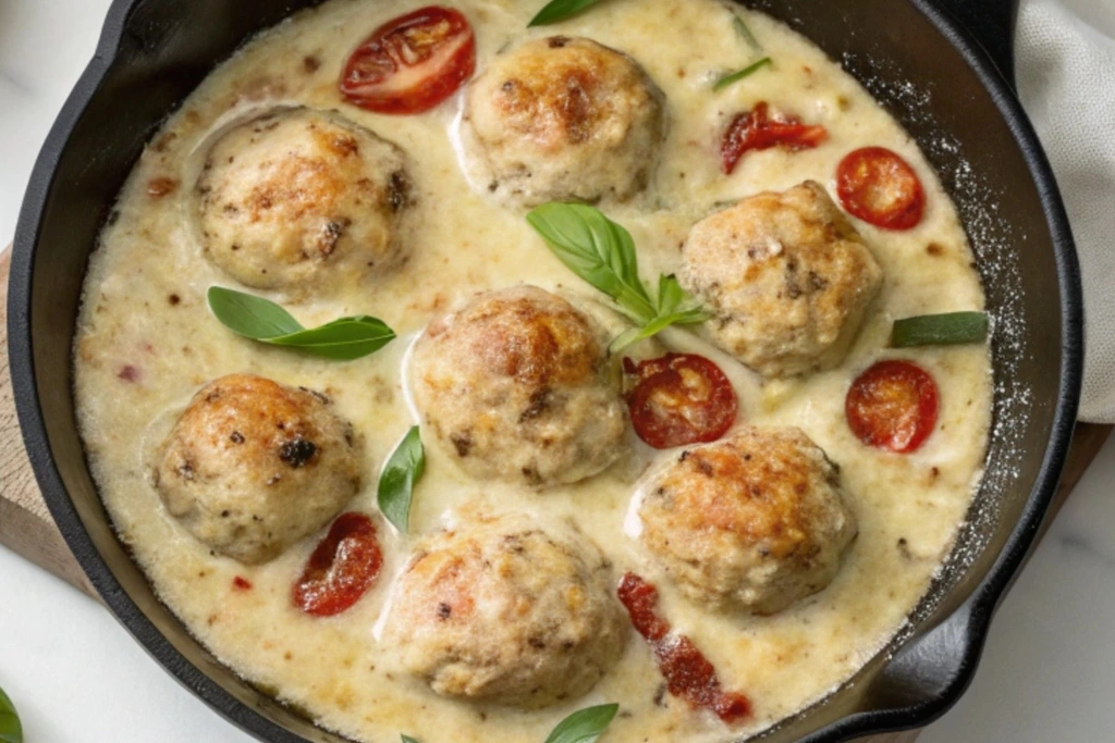 Chicken meatballs simmering in a creamy Parmesan sauce with cherry tomatoes and fresh basil.