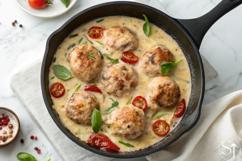 Chicken meatballs in creamy Parmesan sauce with cherry tomatoes and basil in a black skillet.