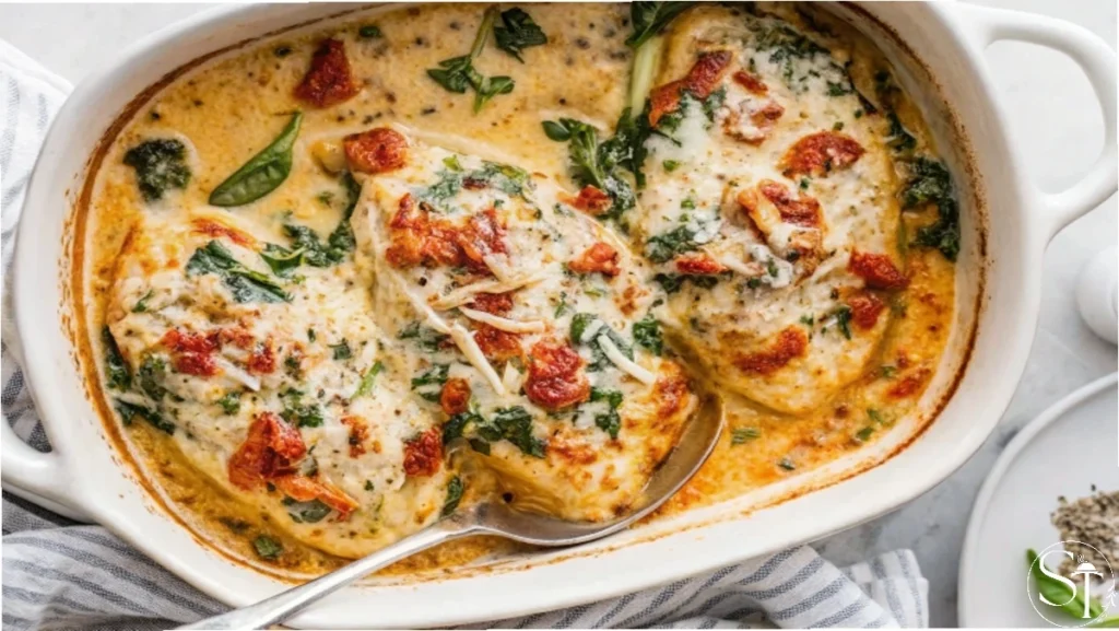 Baked Tuscan chicken breasts in a creamy sauce with spinach and sun-dried tomatoes