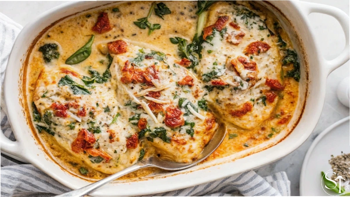 Baked Tuscan chicken breasts in a creamy sauce with spinach and sun-dried tomatoes