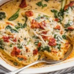 Easy Tuscan chicken breasts in a creamy sauce with spinach and sun-dried tomatoes