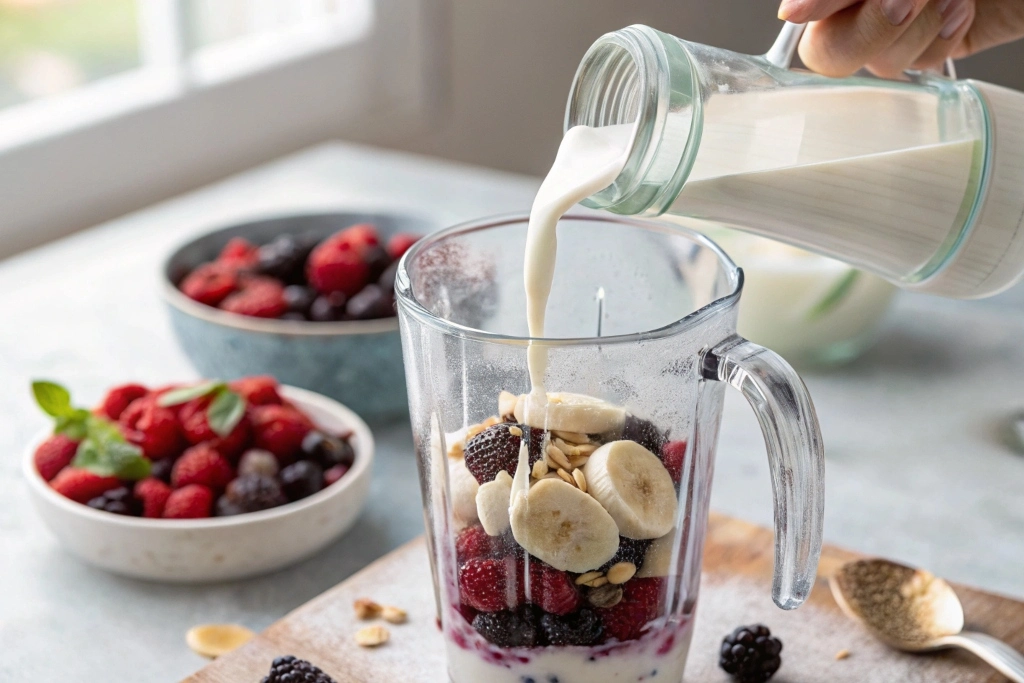 Almond milk being poured into a blender filled with berries and banana slice