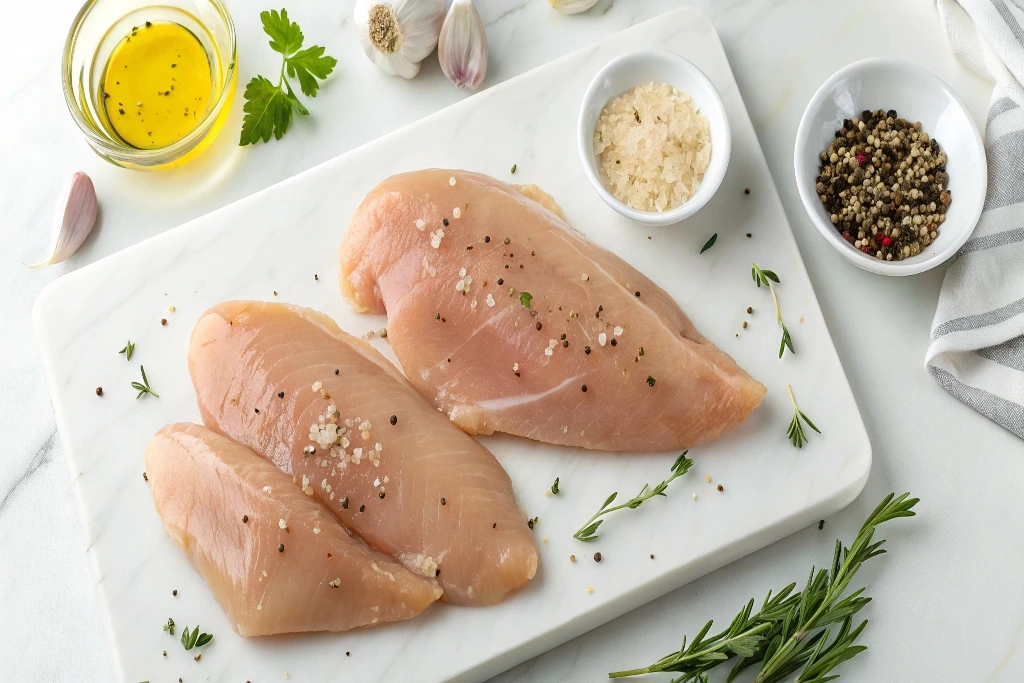 Raw chicken breasts seasoned with herbs, salt, and pepper on marble