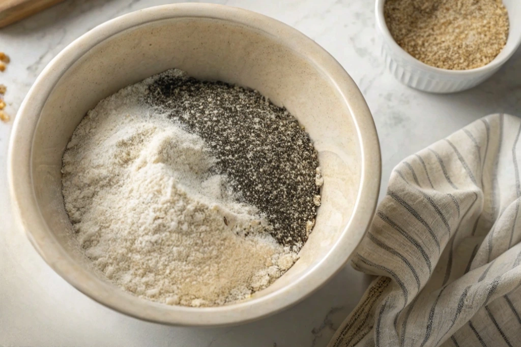 Dry ingredients for oatmeal chia bread in a mixing bowl.
