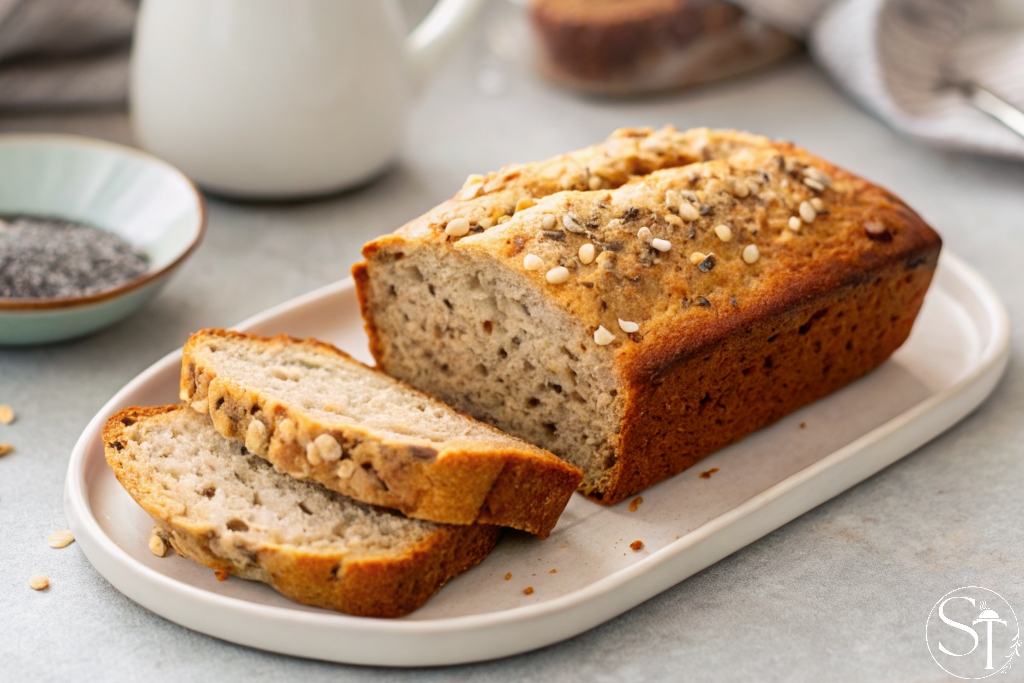Sliced oatmeal and chia bread topped with seeds on a white plate.