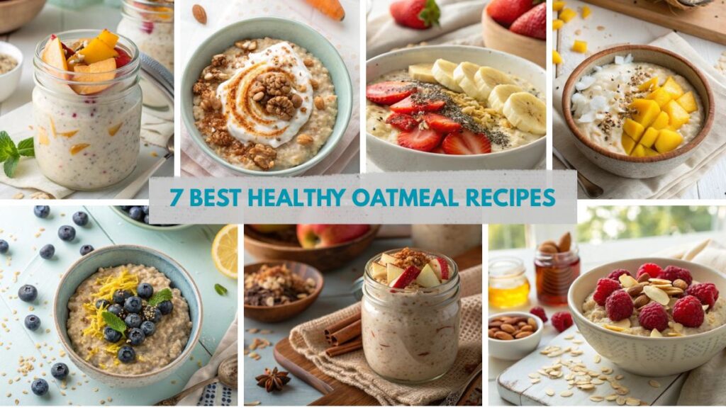 Collage of 7 healthy oatmeal recipes with toppings like berries, banana, mango, and nuts