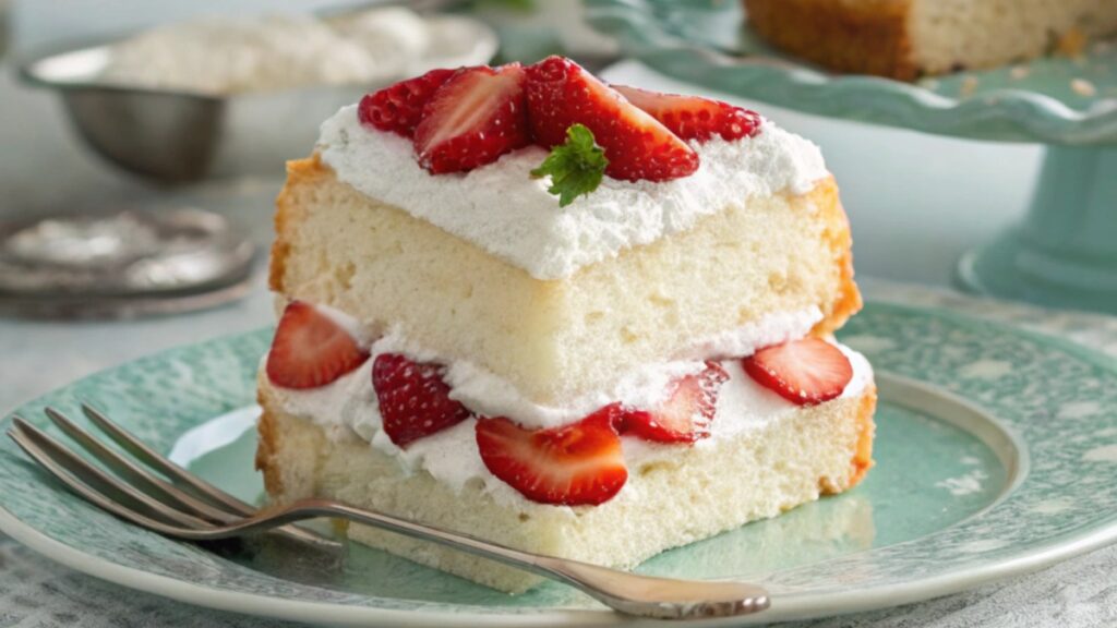 A single slice of strawberry shortcake with whipped cream and strawberries