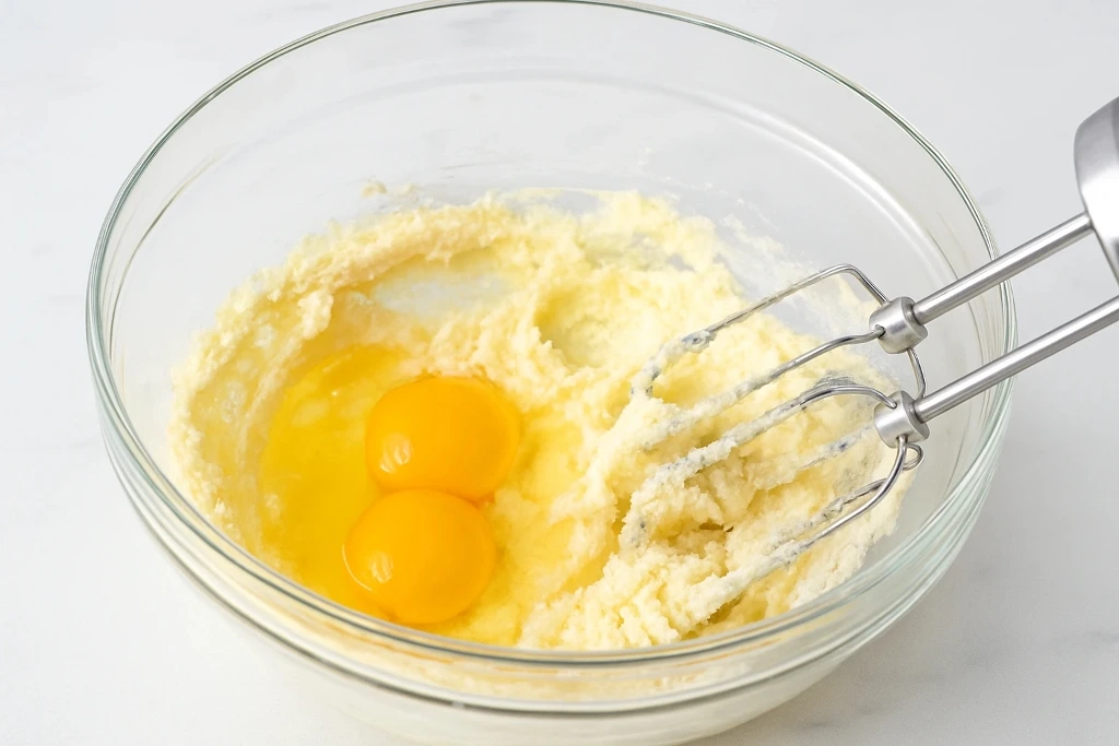 Two eggs added to butter-sugar mixture in a glass bowl on marble