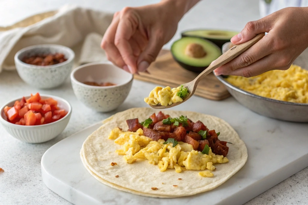 Hands spoon fluffy scrambled eggs onto a warm tortilla with bacon, .