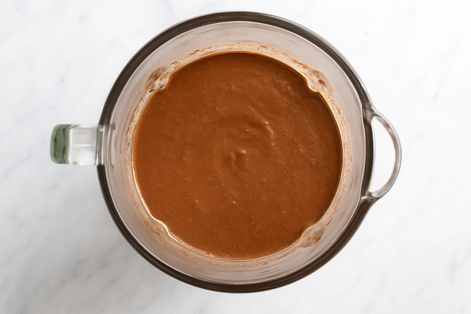 Top view of smooth chocolate egg pudding blended in a glass blender