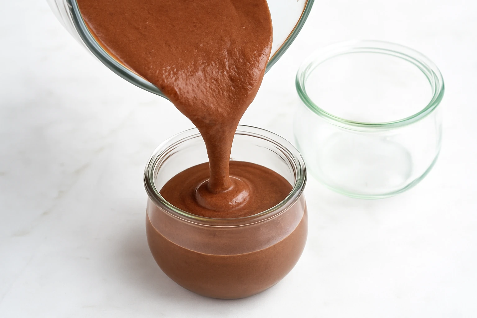 Chocolate pudding being poured from blender into a glass jar