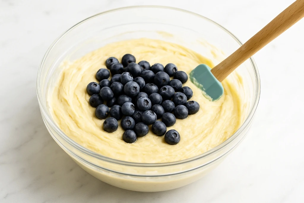 Fresh blueberries being folded into yellow cake batter