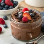 Close-up of chocolate egg pudding in a jar with berries and chocolate shavings