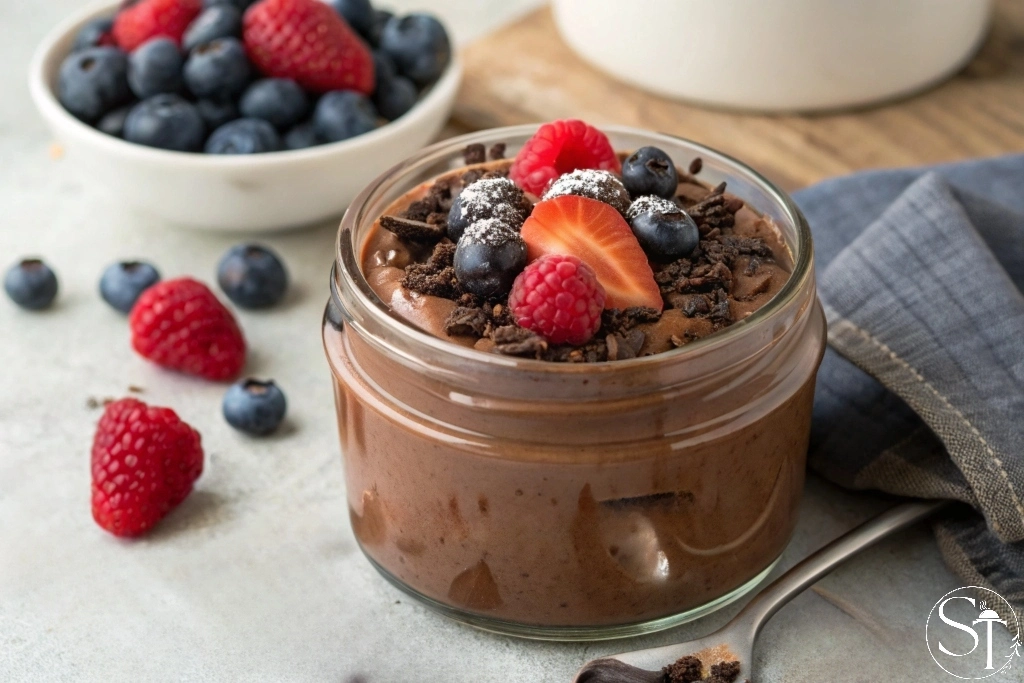 Close-up of chocolate egg pudding in a jar with berries and chocolate shavings