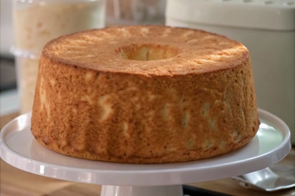 Baked angel food cake cooling on a white cake stand