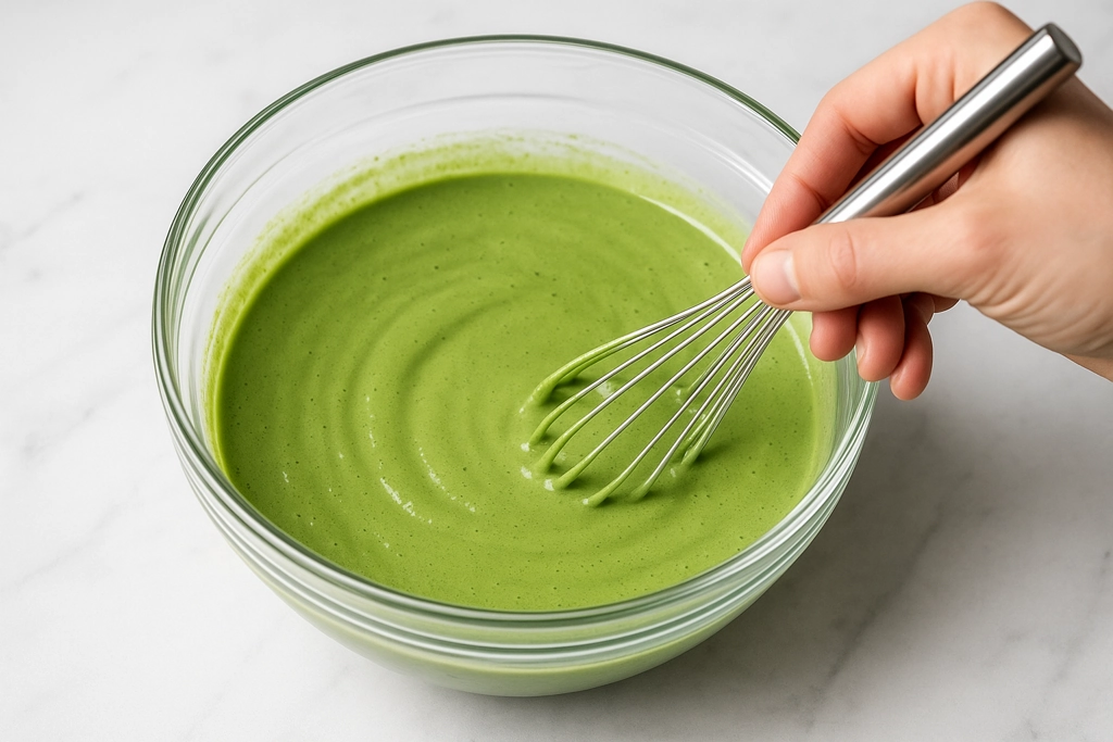 Creamy green matcha pancake batter being whisked by hand in a modern glass bowl