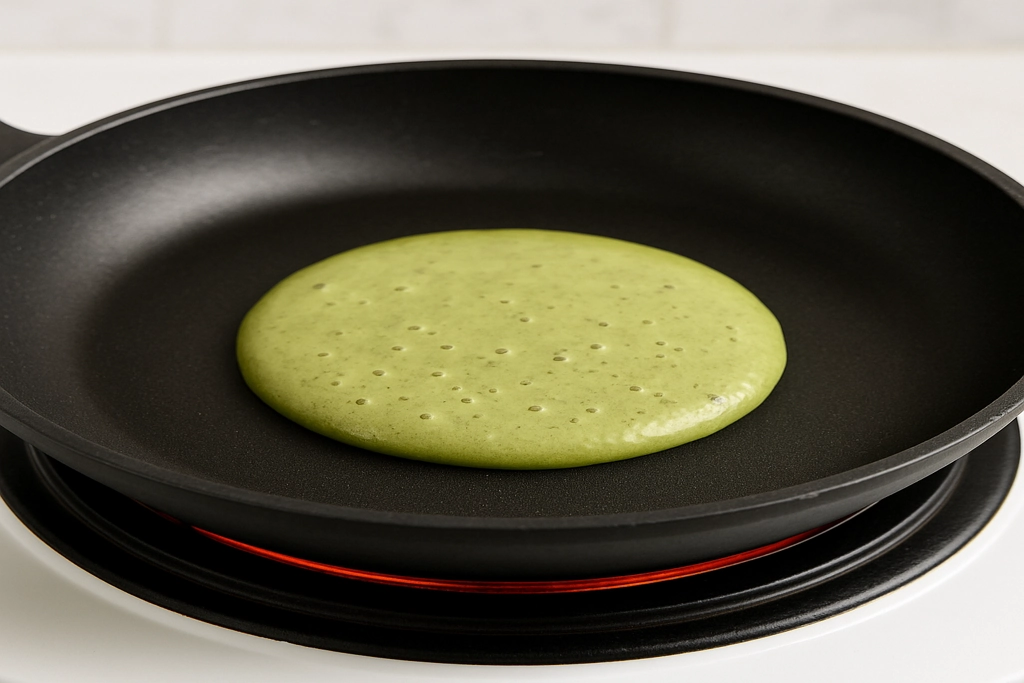 A single matcha pancake cooking on an electric skillet with bubbles forming at the top