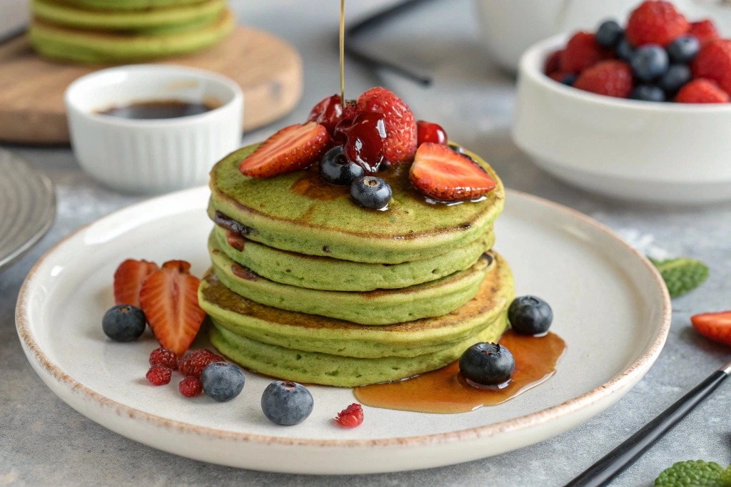 Stack of matcha pancakes served warm with fresh berries and a drizzle of maple syrup