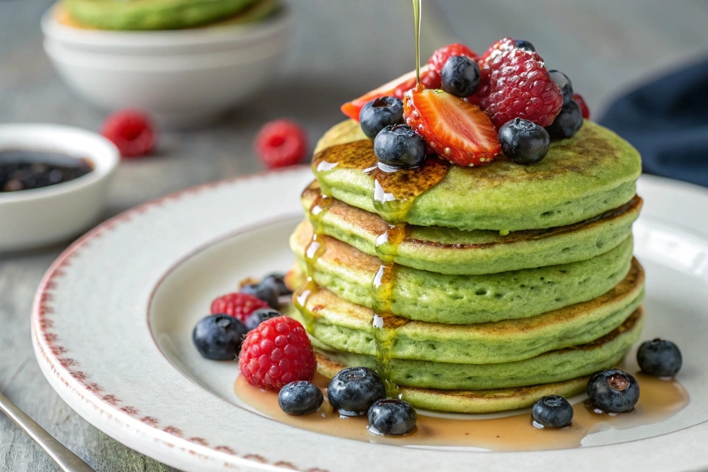 Matcha Pancakes with Berries