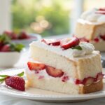 A slice of strawberry shortcake with whipped cream and strawberries