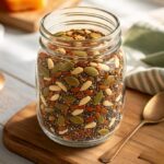 A clear glass jar filled with a homemade bariatric seed mix containing flax, chia, pumpkin, and sunflower seeds