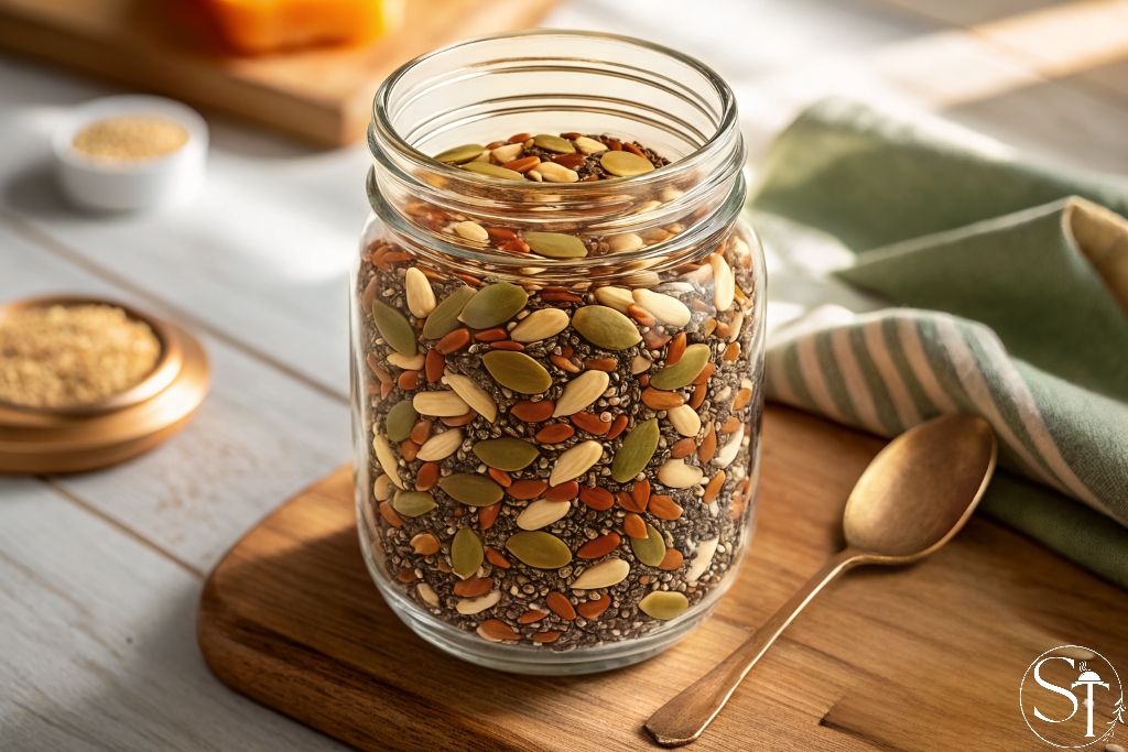 A clear glass jar filled with a homemade bariatric seed mix containing flax, chia, pumpkin, and sunflower seeds
