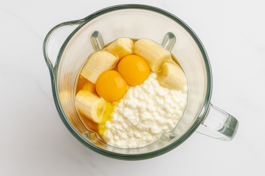 Cottage cheese, bananas, eggs, and vanilla in a blender