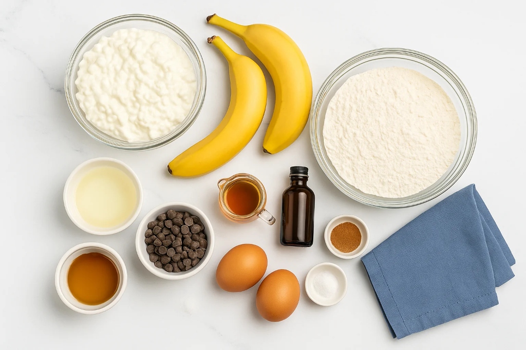 All ingredients for banana cottage cheese muffins laid out on a white surface