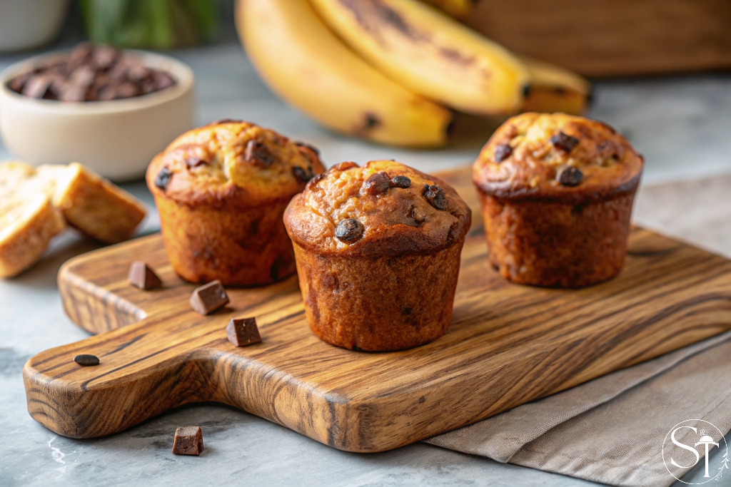 Freshly baked banana cottage cheese muffins with chocolate chips on a wooden board