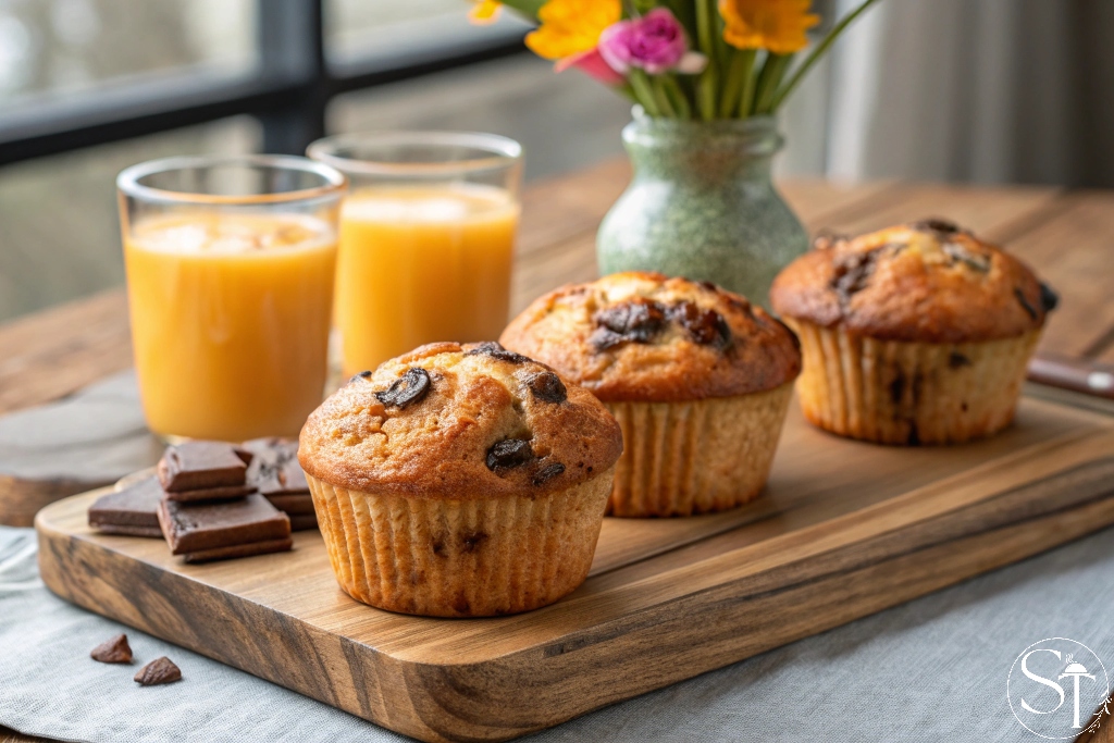 Freshly baked banana cottage cheese muffins with chocolate chips on a wooden board