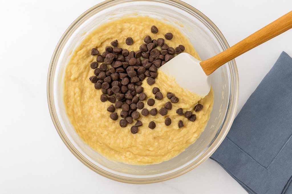 Folding chocolate chips into banana muffin batter