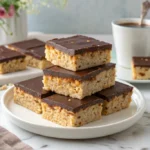 Stack of healthy chocolate covered rice krispie treats on a white plate